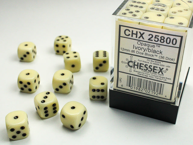Chessex - Opaque 12mm D6 Dice Block - Ivory w/Black