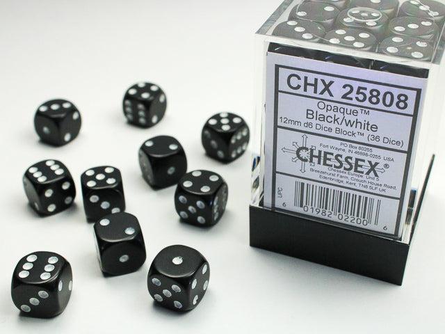 Chessex - Opaque 12mm D6 Dice Block - Black w/White