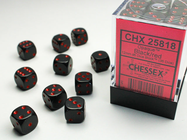 Chessex - Opaque 12mm D6 Dice Block - Black w/Red