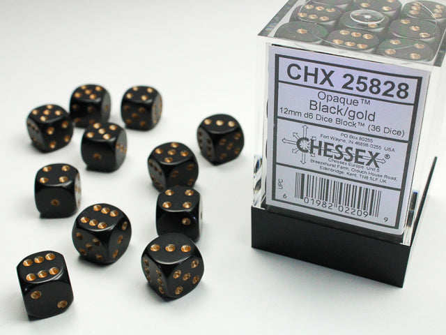 Chessex - Opaque 12mm D6 Dice Block - Black w/Gold