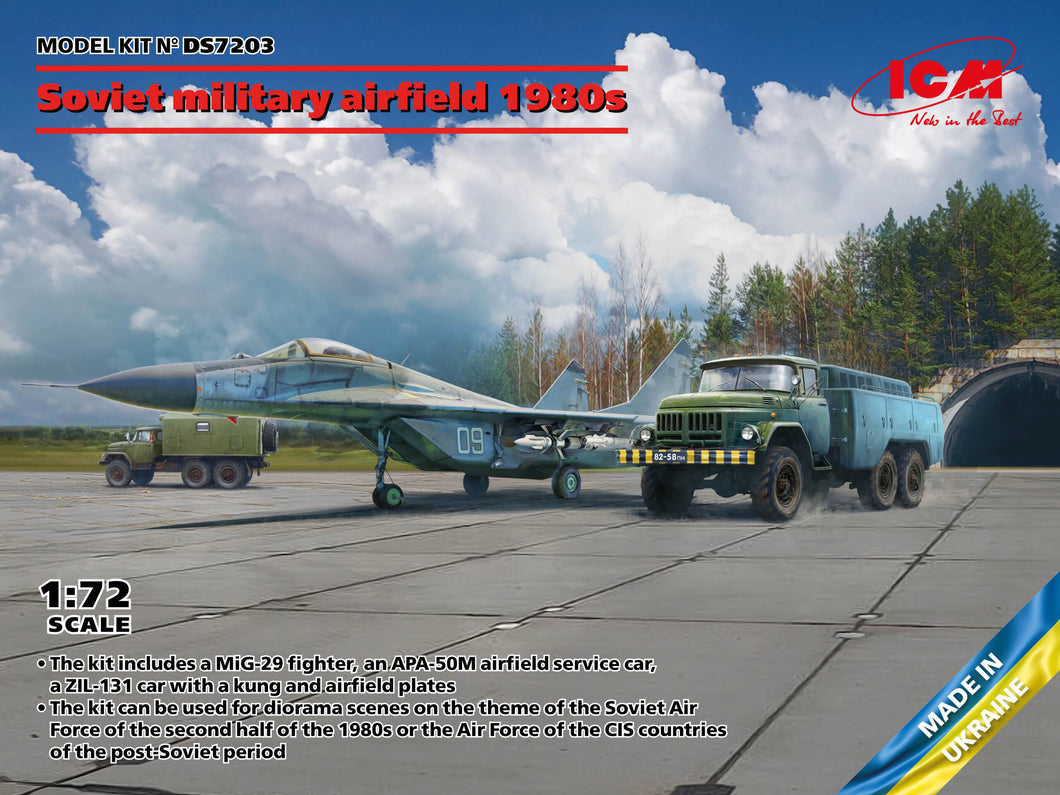 Soviet military airfield 1980's MiG-29, APA-50M, Zil-131 Command Vehicle, PAG-14 1:72
