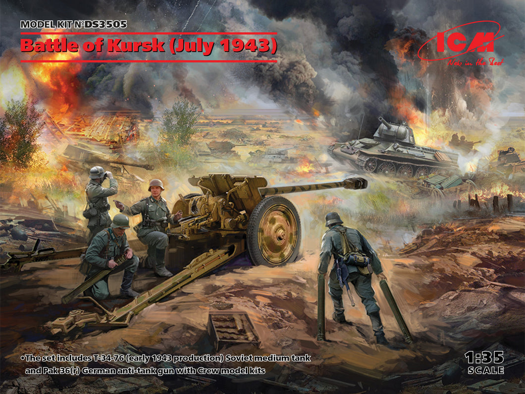 Battle of Kursk (July 1943) (Soviet T-34-76 (early 1943), Pak 36(r) with Crew (4 figures) Diorama Set 1:35