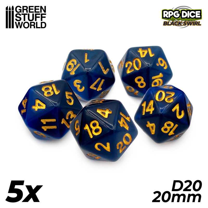 RPG Dice MIX D20 20mm Color BLACK Swirl (5pc pack)