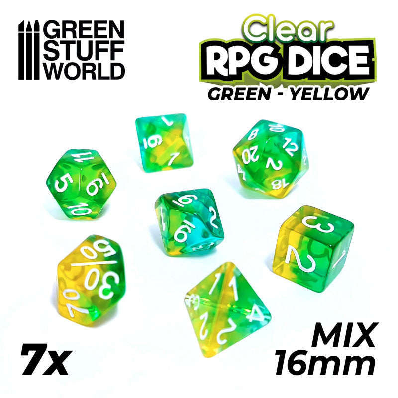 Dice MIX 16mm Color GREEN/YELLOW clear (7pc pack)