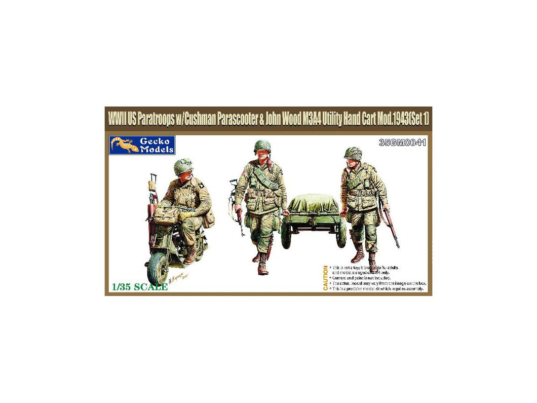 WWII US Paratroops w/Cushman parascooter & John Wood M3A4 Utility Hand Cart Mod.1943 (Set 1) 1:35